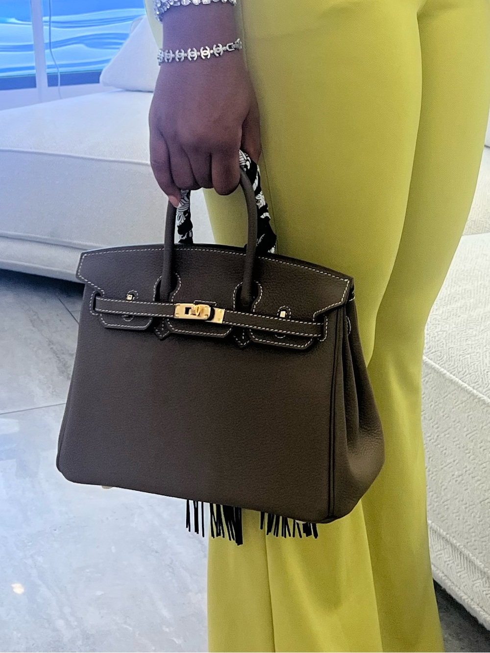 Elegant Taupe Women’s Tote Bag with Black Fringe Accent